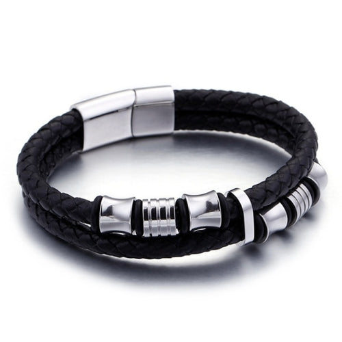 Bracelet Magnetic-Clasp Double-Layer Woven Leather Wristband