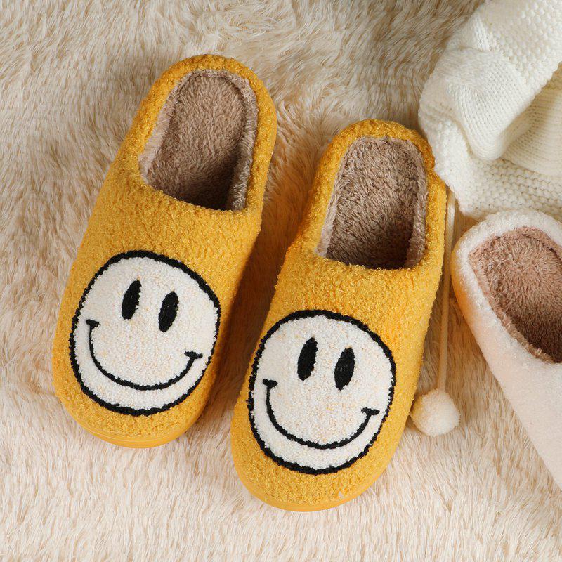 Smiley Face Soft Slippers Happy Fluffy Fur Comfortable Smiling House Shoes