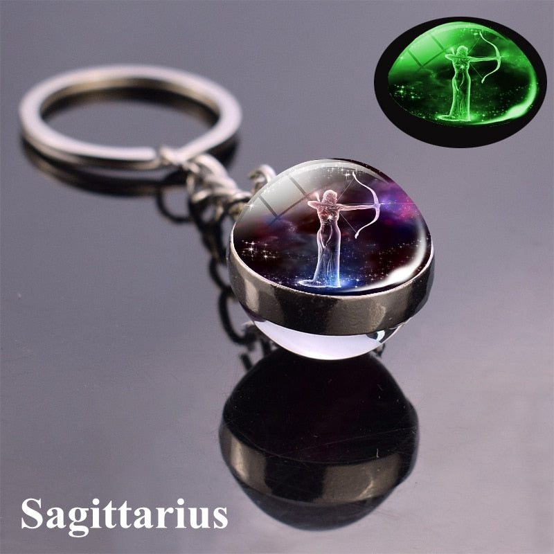 Zodiac Keychain Luminous Glass Star Sign Glow-In-The-Dark Horoscope Charm