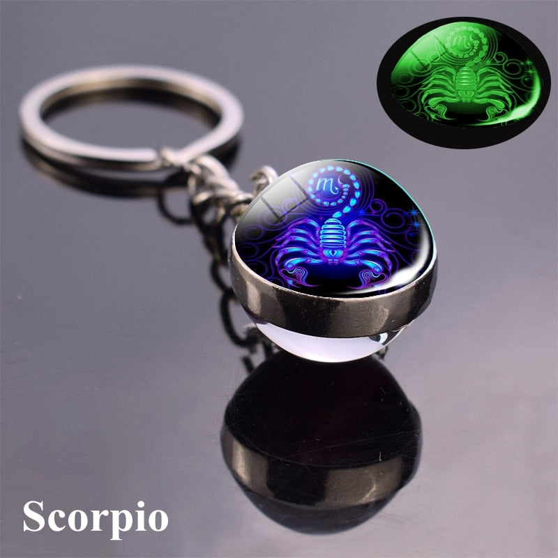 Zodiac Keychain Luminous Glass Star Sign Glow-In-The-Dark Horoscope Charm