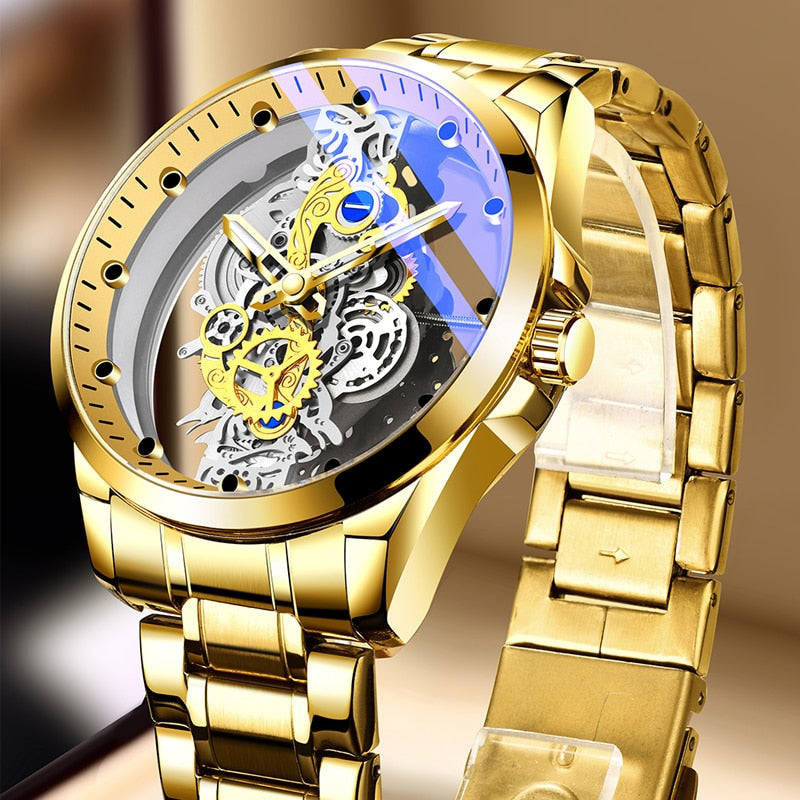 Skeleton Mechanical Quartz Gold Silver See-Through Watch