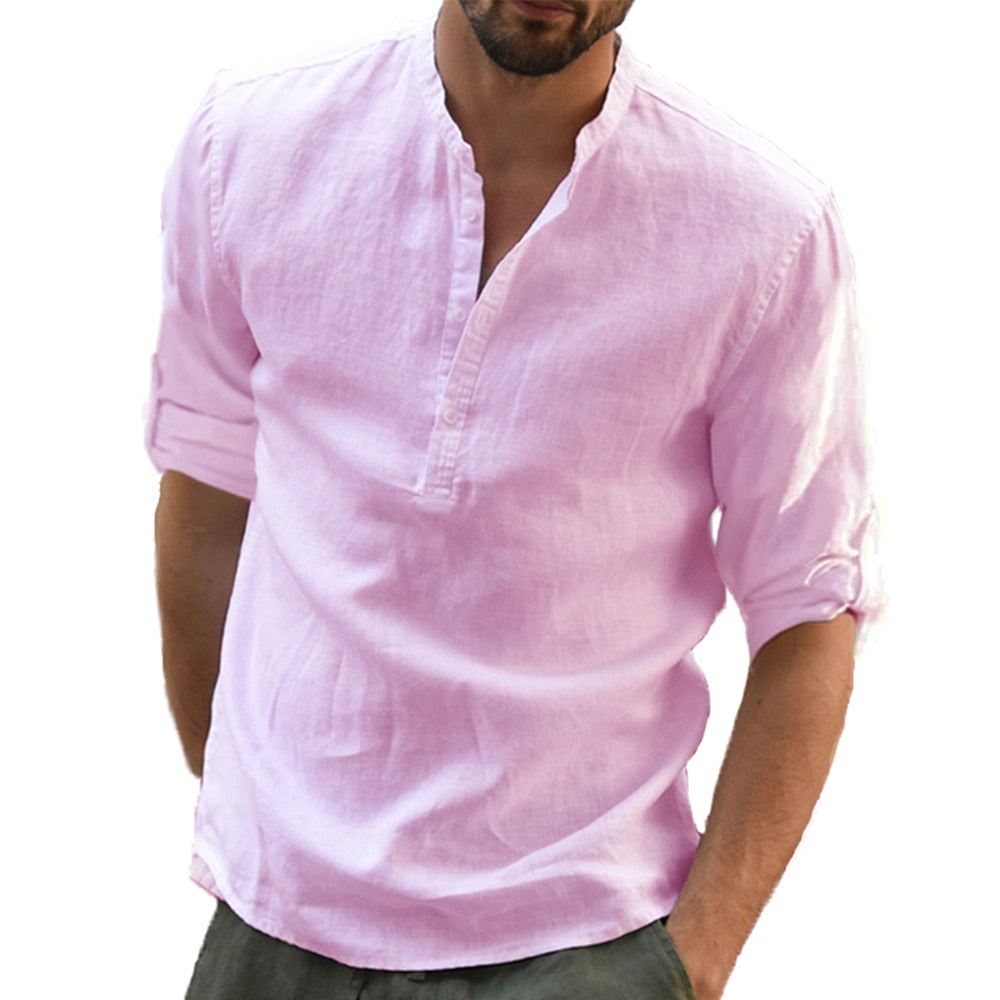 Men's Henley Collar Shirt Linen and Cotton Trendy Casual