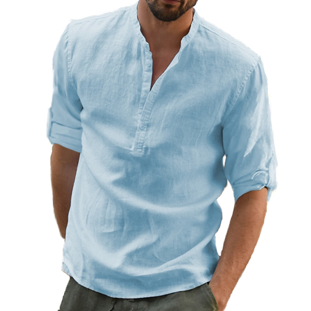 Men's Henley Collar Shirt Linen and Cotton Trendy Casual