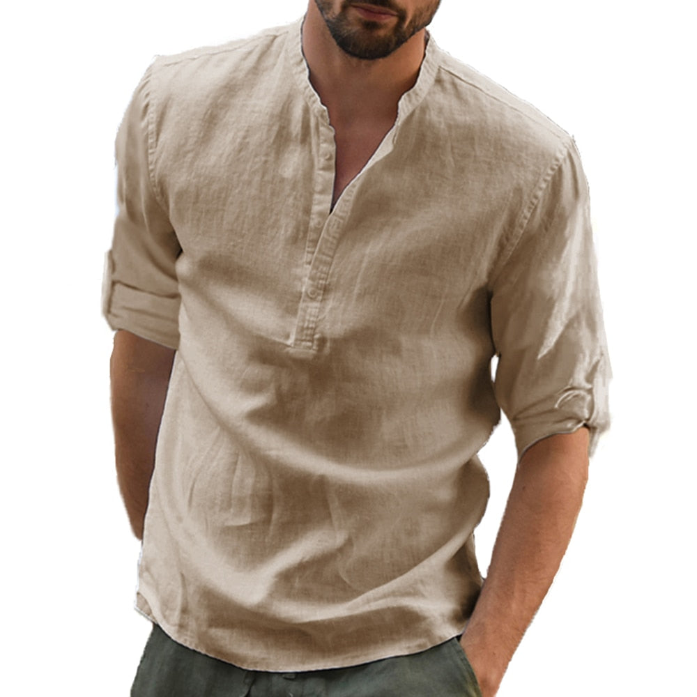 Men's Henley Collar Shirt Linen and Cotton Trendy Casual