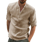 Men's Henley Collar Shirt Linen and Cotton Trendy Casual