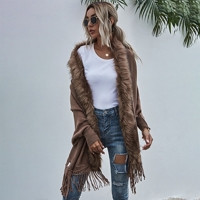 Pashmina Shawl Wrap Throw-Over With Stylish Fur Collar