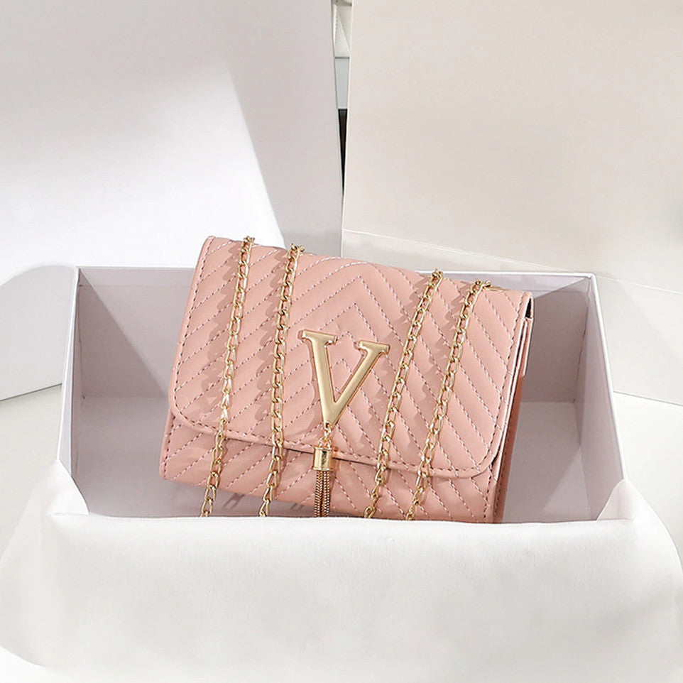 V Design Clutch Handbag With Shoulder Strap Gold Hardware