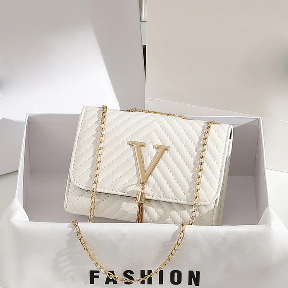 V Design Clutch Handbag With Shoulder Strap Gold Hardware