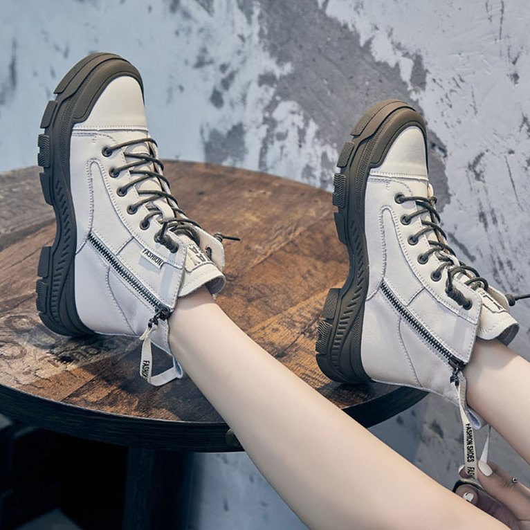 Boots Genuine Leather Fashion Ankle Chunky Thick-Sole