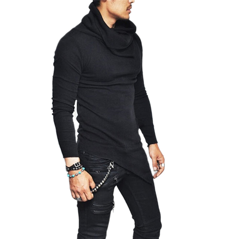 Men's Turtleneck Fashion Hoodie Top With Unbalanced Hem