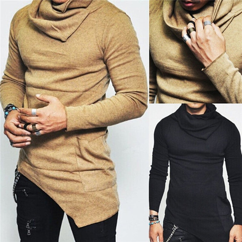 Men's Turtleneck Fashion Hoodie Top With Unbalanced Hem