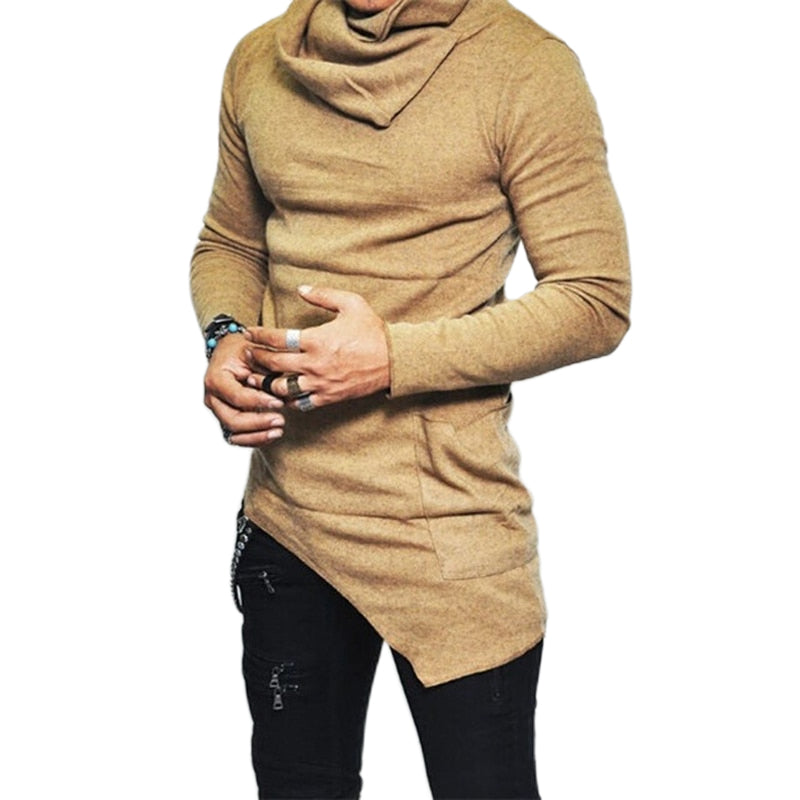 Men's Turtleneck Fashion Hoodie Top With Unbalanced Hem