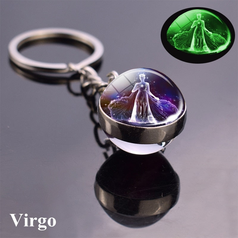 Zodiac Keychain Luminous Glass Star Sign Glow-In-The-Dark Horoscope Charm