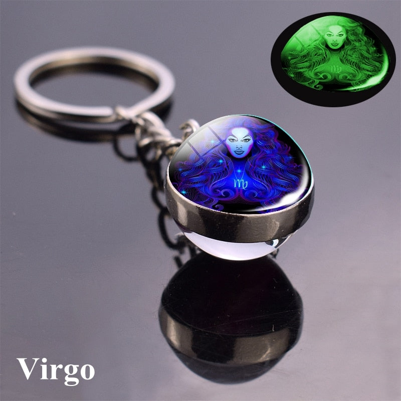 Zodiac Keychain Luminous Glass Star Sign Glow-In-The-Dark Horoscope Charm