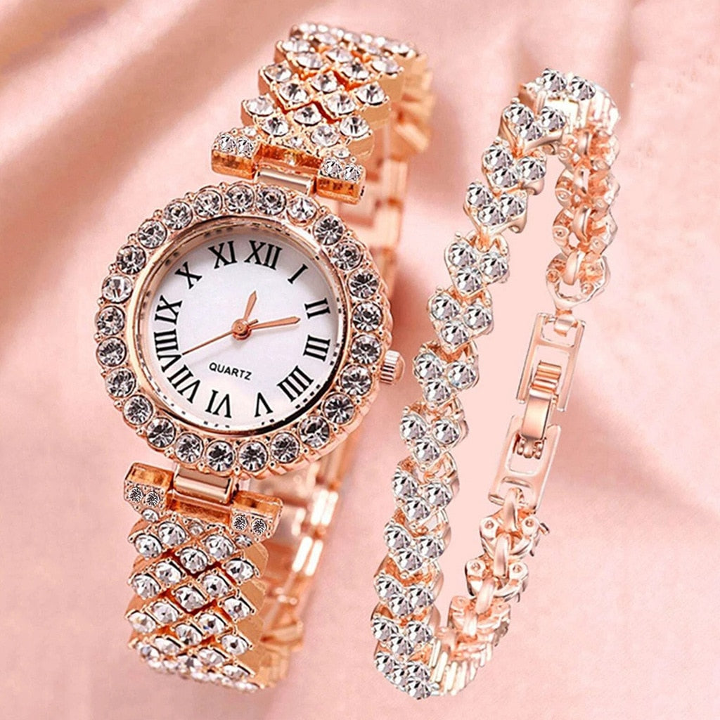 Watch and Bracelet Matching Set Diamond Encrusted Roman Numerals