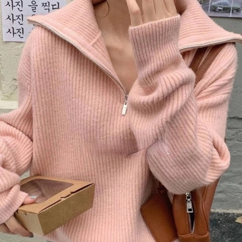 Turtleneck High-Collar Pullover with Zipper Women's Jumper