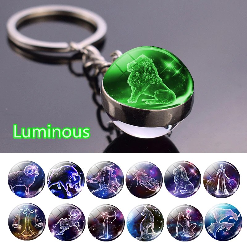 Zodiac Keychain Luminous Glass Star Sign Glow-In-The-Dark Horoscope Charm
