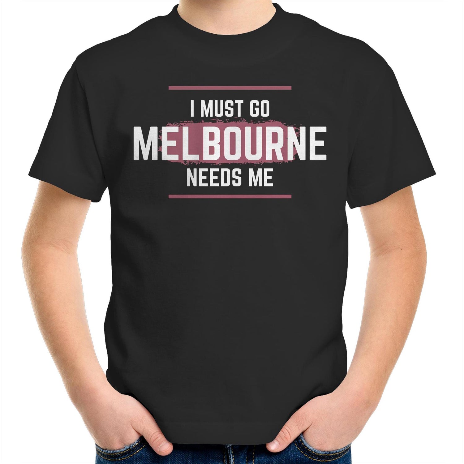 Funny Kids Superhero T-shirt "I Must Go, Melbourne Needs Me" - Boys & Girls Youth Crew Tee