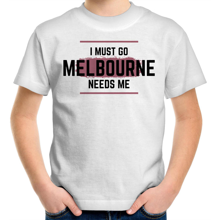 Funny Kids Superhero T-shirt "I Must Go, Melbourne Needs Me" - Boys & Girls Youth Crew Tee