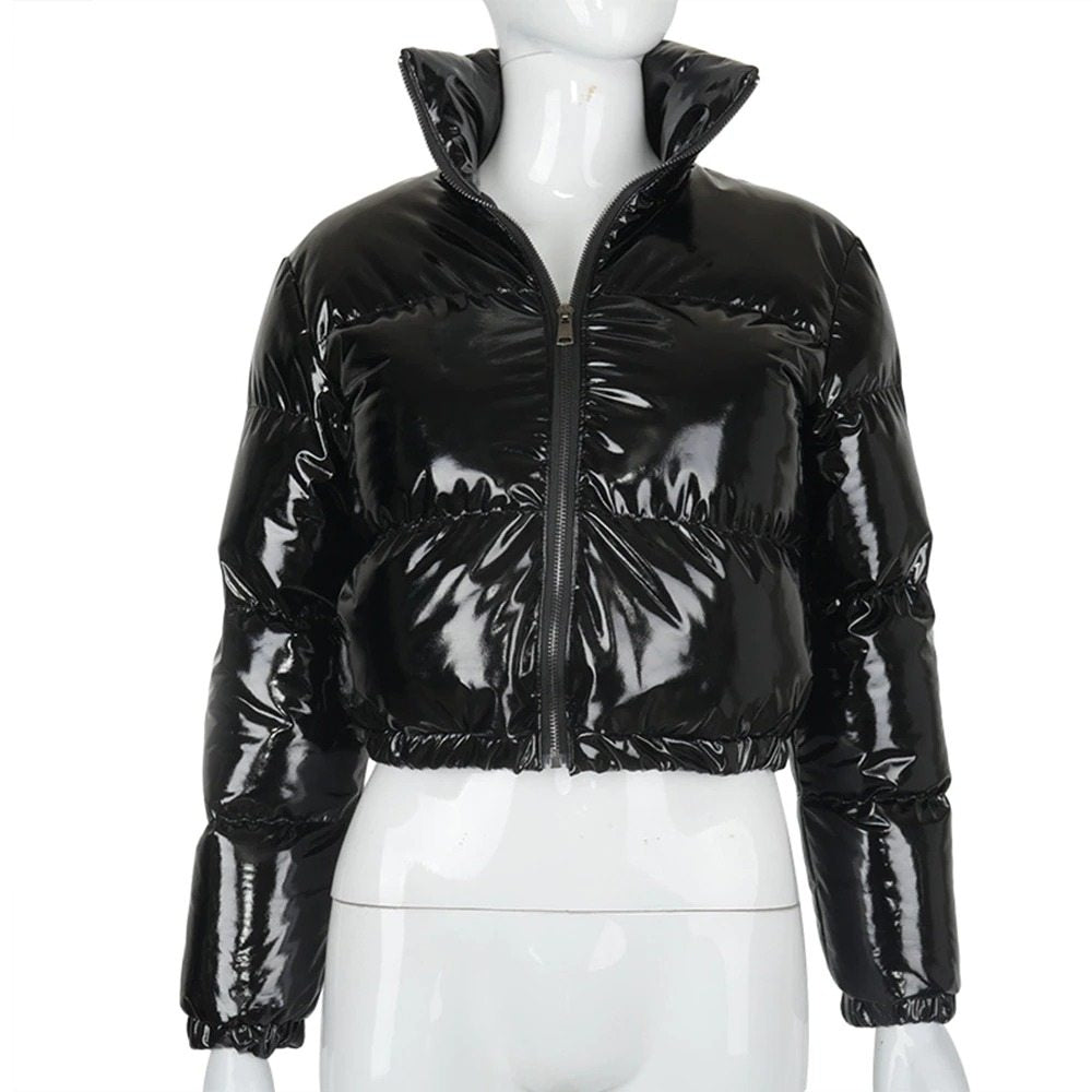 Shiny Bubble Puffer Parker Jacket Crop Top for Women