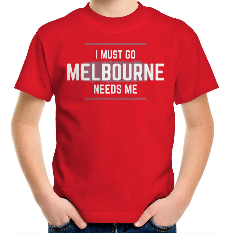 Funny Kids Superhero T-shirt "I Must Go, Melbourne Needs Me" - Boys & Girls Youth Crew Tee