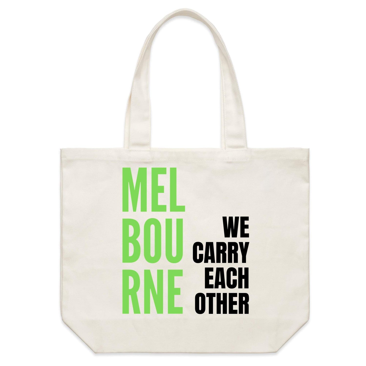 Quality Canvas Shoulder Tote Shopping Bag - Melbourne We Carry Each Other Slogan Green