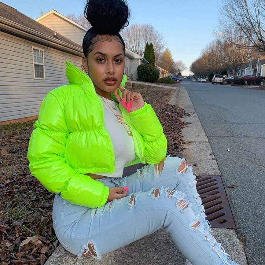 Shiny Bubble Puffer Parker Jacket Crop Top for Women