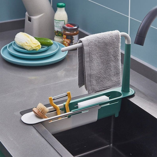 Adjustable Length Kitchen Sink Dishes Rack Sponge Holder Caddy