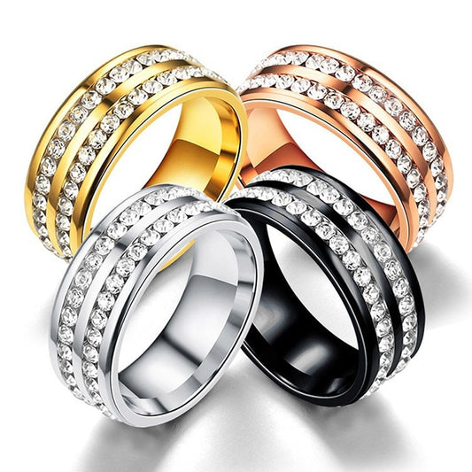 Two-Row Crystal & Stainless Steel Classic Double Ring Fashion Jewelry Unisex