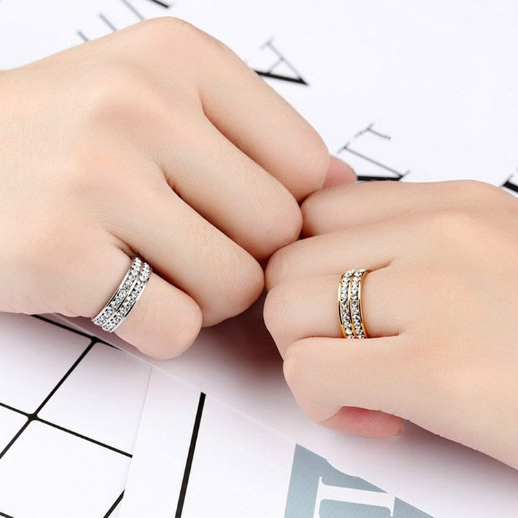 Two-Row Crystal & Stainless Steel Classic Double Ring Fashion Jewelry Unisex