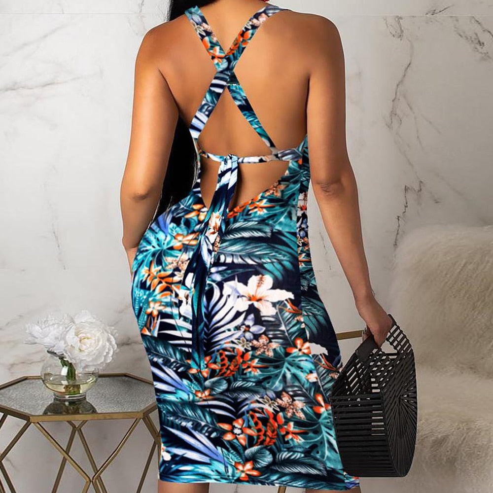 Women's Sleeveless Summer Boho Hawaiian Colorful Cut-Out Sling Dress