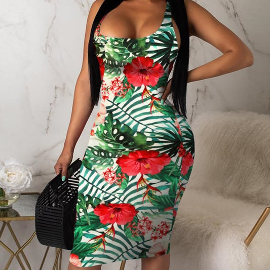 Women's Sleeveless Summer Boho Hawaiian Colorful Cut-Out Sling Dress