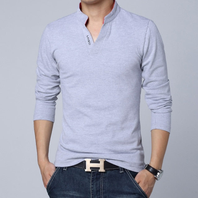 Mandarin Collar Long-Sleeve Men's Cotton T-Shirt