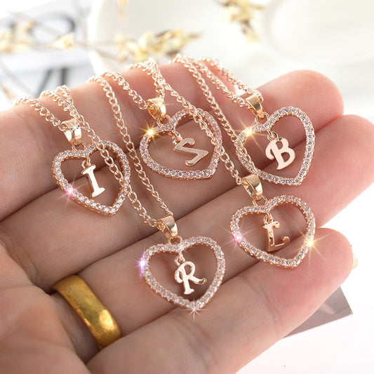 Heart Gold Necklace - Alphabet A to Z Name Initials Love Heart Letter Jewelry Gifts