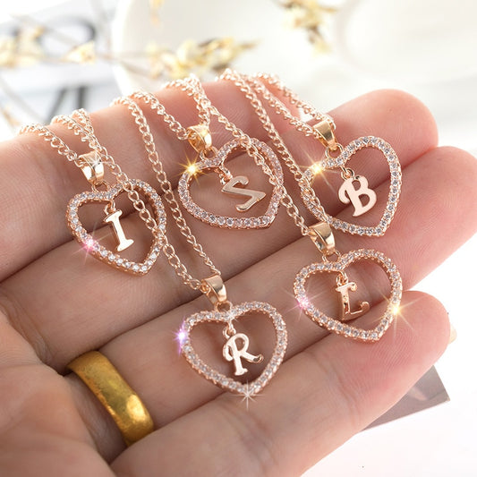 Love Necklace Name Initials Heart Necklace - Alphabet A to Z Letter Jewelry