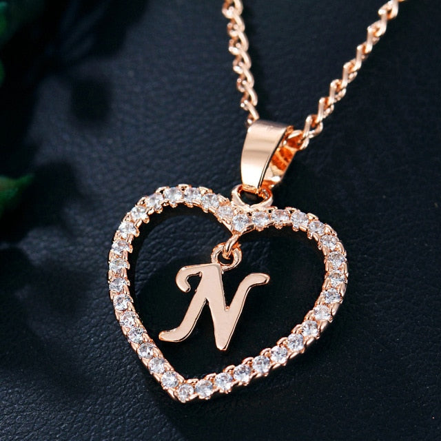 Love Necklace Name Initials Heart Necklace - Alphabet A to Z Letter Jewelry