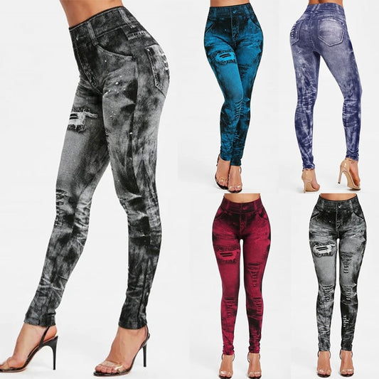 Stretchy Faux Denim Jeans Leggings Activewear Elastic Jeggings Workout Yoga Pants