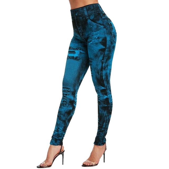 Stretchy Faux Denim Jeans Leggings Activewear Elastic Jeggings Workout Yoga Pants