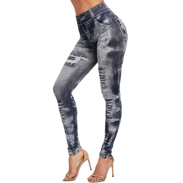 Stretchy Faux Denim Jeans Leggings Activewear Elastic Jeggings Workout Yoga Pants