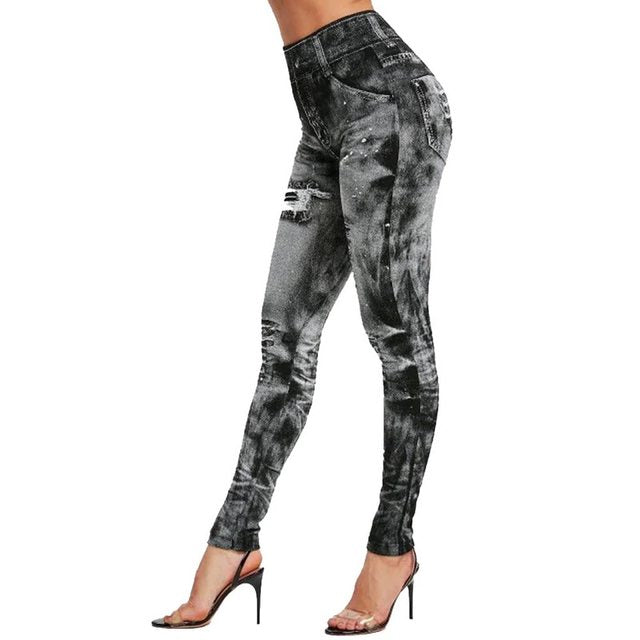 Faux Denim Stretchy Jeans Leggings Activewear Elastic Jeggings Workout Yoga Pants