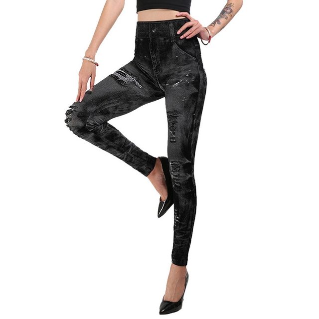 Stretchy Faux Denim Jeans Leggings Activewear Elastic Jeggings Workout Yoga Pants