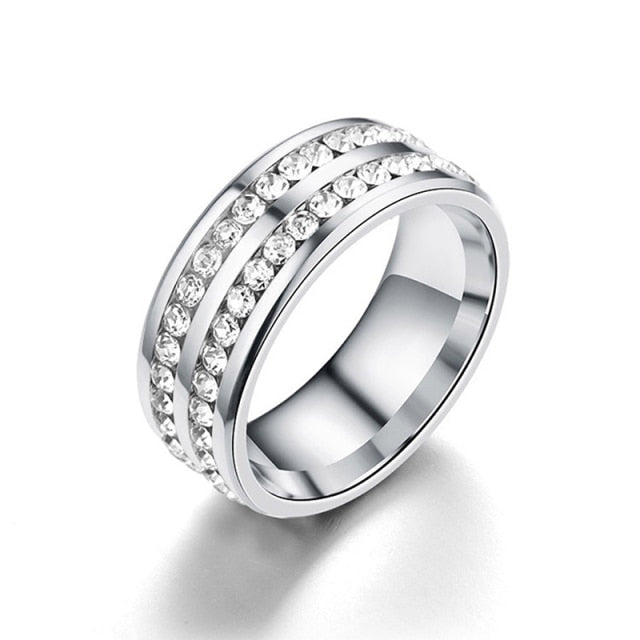 Two-Row Crystal & Stainless Steel Classic Double Ring Fashion Jewelry Unisex