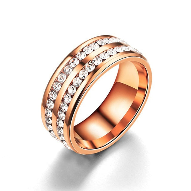 Two-Row Crystal & Stainless Steel Classic Double Ring Fashion Jewelry Unisex