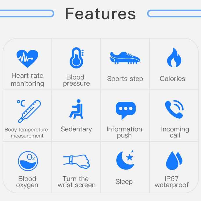 Smart Watch Body Monitor T68 Torch Thermometer Pulse Blood Pressure Oxygen