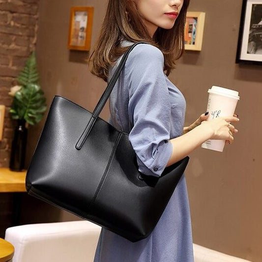 Genuine Leather Tote Handbag Large-Capacity Office Shoulder Bucket Bag Women's